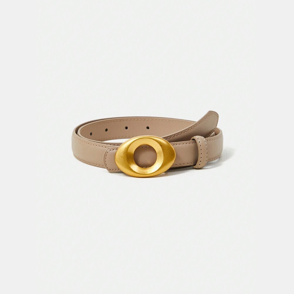 Tan Skinny Vegan Leather Belt with Oval Gold Buckle